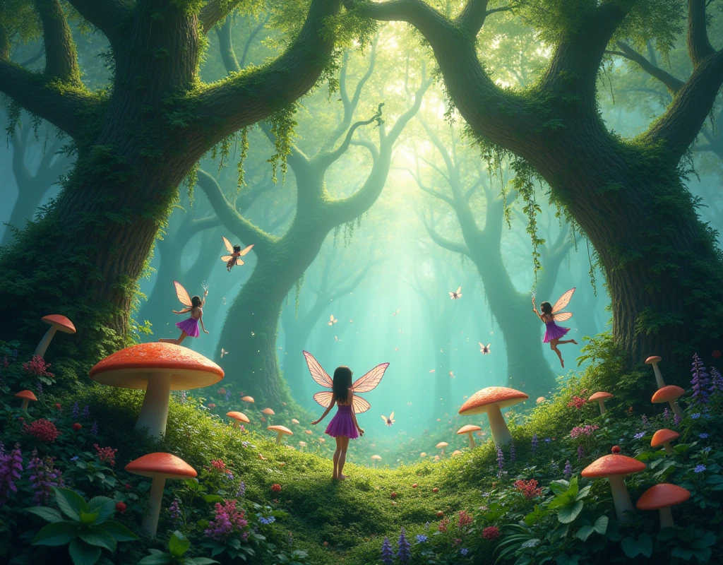 Magical forest with lots of cute little fairies flying around
