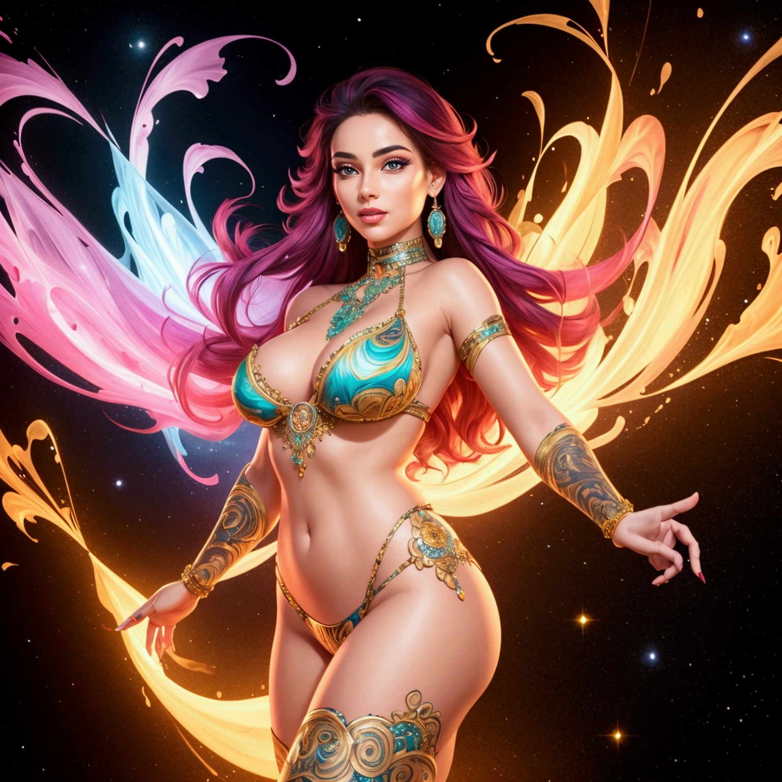 A realistic woman with a vibrant aura around her entire body, full body portriat.