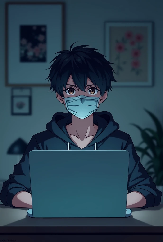 Anime friendly young man wearing a face mask,hoodie. He is sitting behind his laptop in his studio, arms on his desk. It is night. The room is minimalistic. He is front facing to the camera, looking straight and centered, central portrait, sitting straight forward, front view, centered looking straight at camera