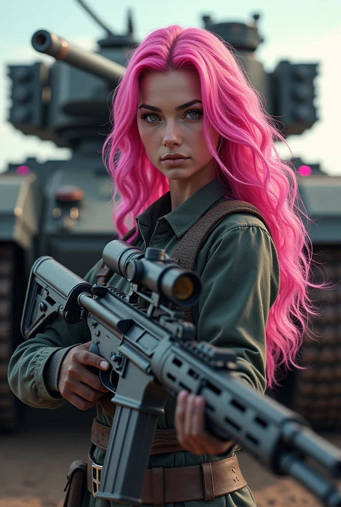 1womanl, 30years, with an exuberant beauty, longye hair, bright pink wavy hair, with a rifle in his hand and looking at the viewer with piercing eyes. in the background there is a huge war tank with tracked wheels and some pink details, on the front of the tank there is a light sign that says “FMS”