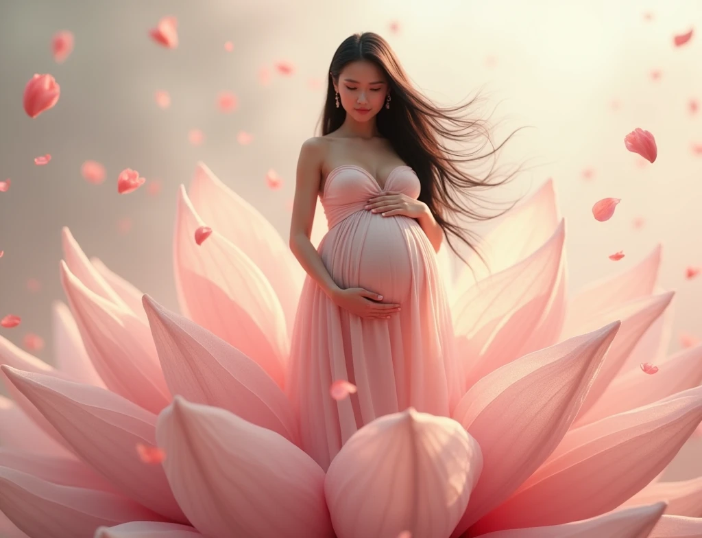 full length, black hair pregnant , woman watching in camera , full body font pose , both hand on belly ,red dress , Beautiful face, dress made of red rose petals, Light pink and light white tones, Esbian Full Body, beautiful backgrouond , daylight, Efeito de Luz, Minimalistic, Solar, pure tenderness, soft lighting, Realism. beautiful woman stand on a super giant lotus with double and long petals (petals made of thin, soft transparent,streaming, fabrics, full background of flowing petals, floating flower, super flying petals, Smoke effect, Fog, some water reflationary mixed with petals), lotus dress, ((ss-through)) full length.