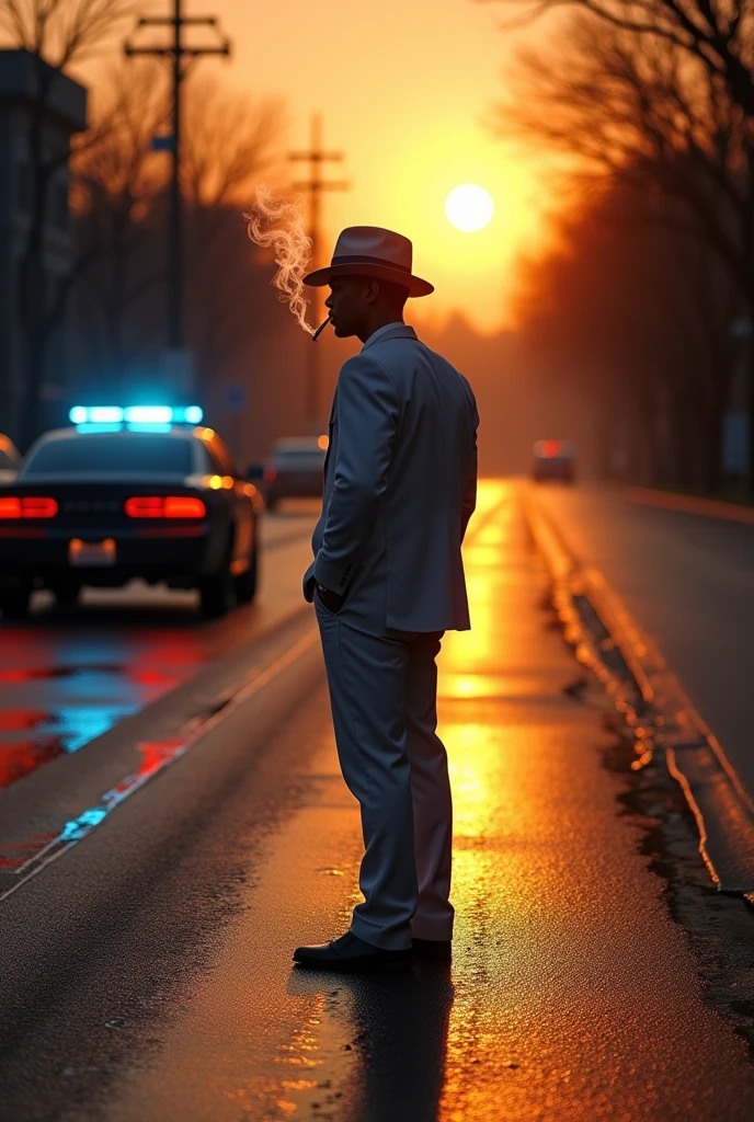Wet asphalt in the late afternoon with the sun setting and the silhouette of a young man with his back to the camera in a snow-white suit smoking a cigarette with a hat on his head with a police car passing by