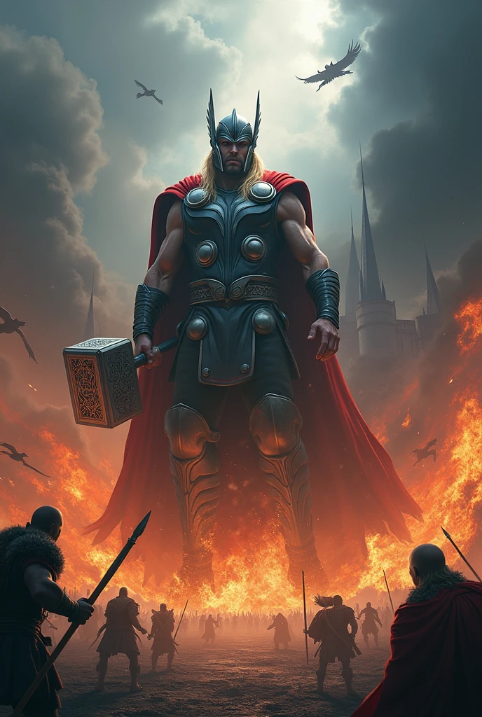 Asgard Castle in Flames, natta, lightning, thor with helmet wielding giant mjolnir in the clouds, Valkyrie warriors in the sky, viking warriors on the ground