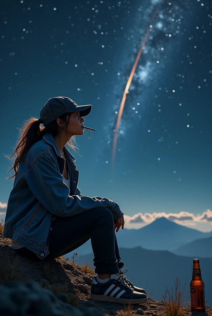 Tomboy girl with a Yankees cap with a cigarette in her mouth looking at the galactic sky with the Star Link star train sitting looking at the abyss from a mountain with a jacket and Adidas shoes and a bottle of beer