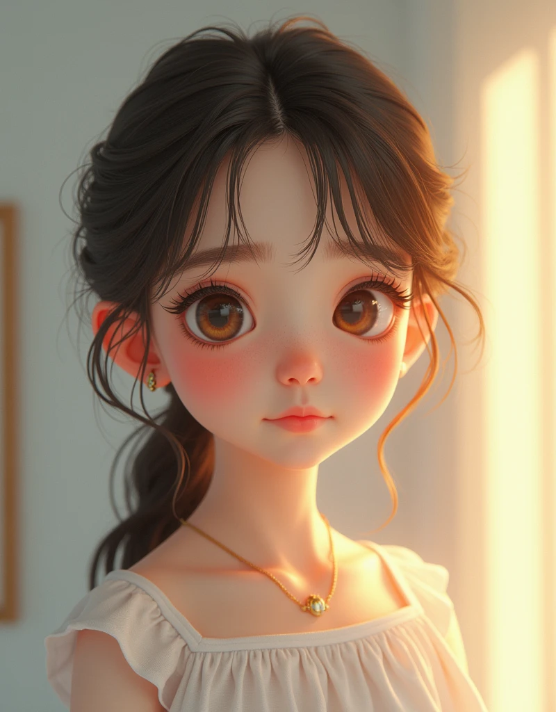 Create an image of a girl similar to Yui Arakaki. Especially focus on the atmosphere around the eyes and the hair style, and draw a person who has a similar impression to her. Also, incorporate a bright smile or cute expression similar to hers. You can organize your clothes and backgrounds freely, but please express your cleanliness and natural charm.