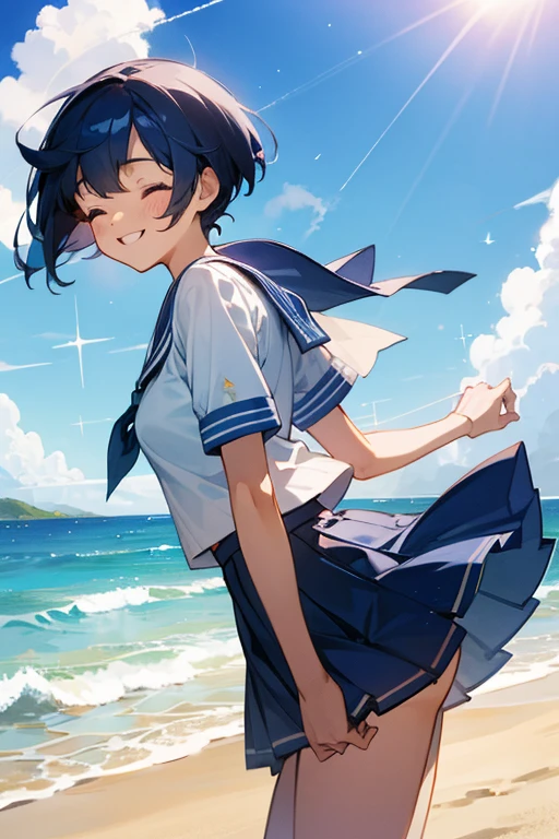 School, sailor uniform, breasts, short skirt, strong wind, beach, blue sky, sunlight, sparkling, contrail, eyes closed, smile, cheerful