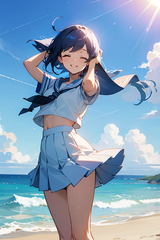 School, sailor uniform, breasts, short skirt, strong wind, beach, blue sky, sunlight, sparkling, contrail, eyes closed, smile, cheerful