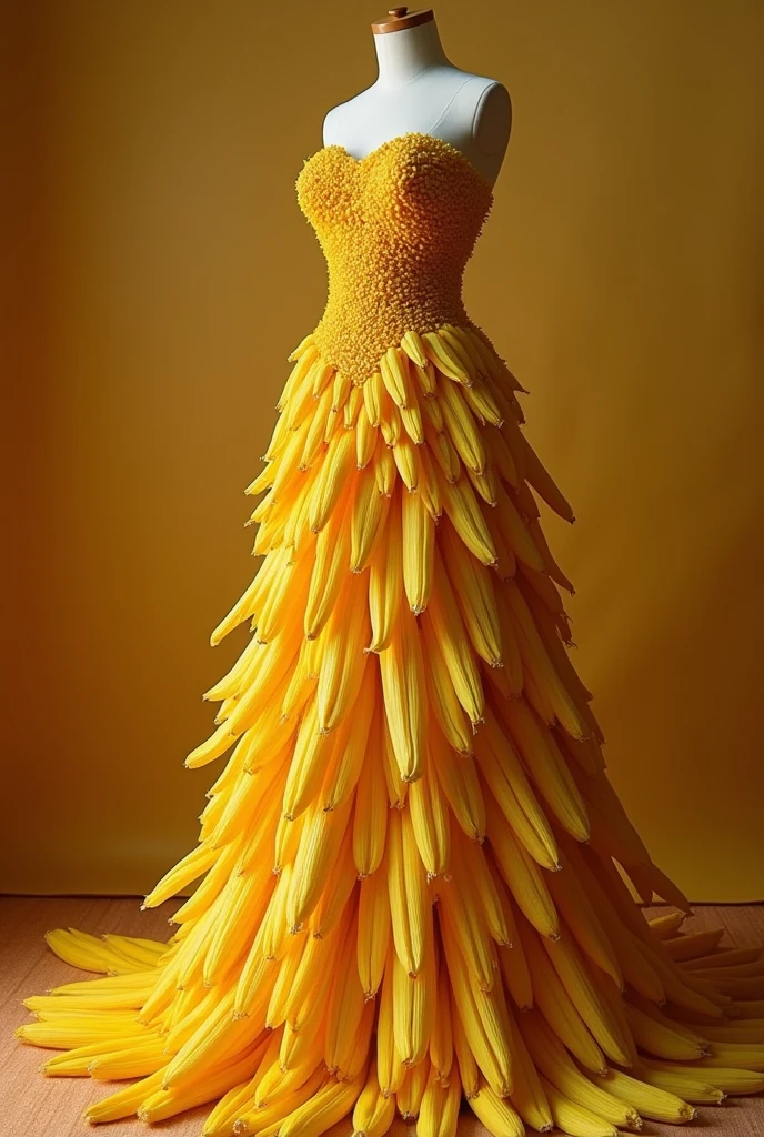 Dress made from real yellow corn husk, que se vea but real, mucho but realista , que se vea but real, but real, mucho but real, but real, mucho but real, que se vea but real las hojas de maiz, muchsimsimos but real, but real, que se vean but real, que se vea but real las hojas de maiz