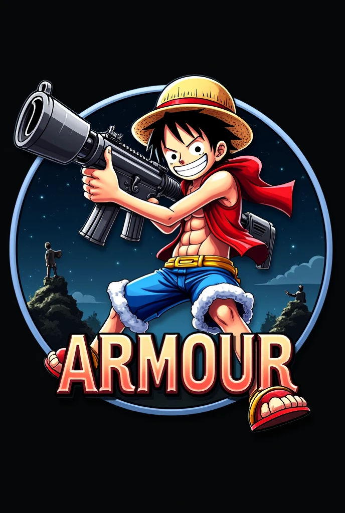 Create a logo of monkey d luffy from one piece holding a M4A1 GUM and background make a circle and inside that circle create dark sky and write ARMOUR on circle