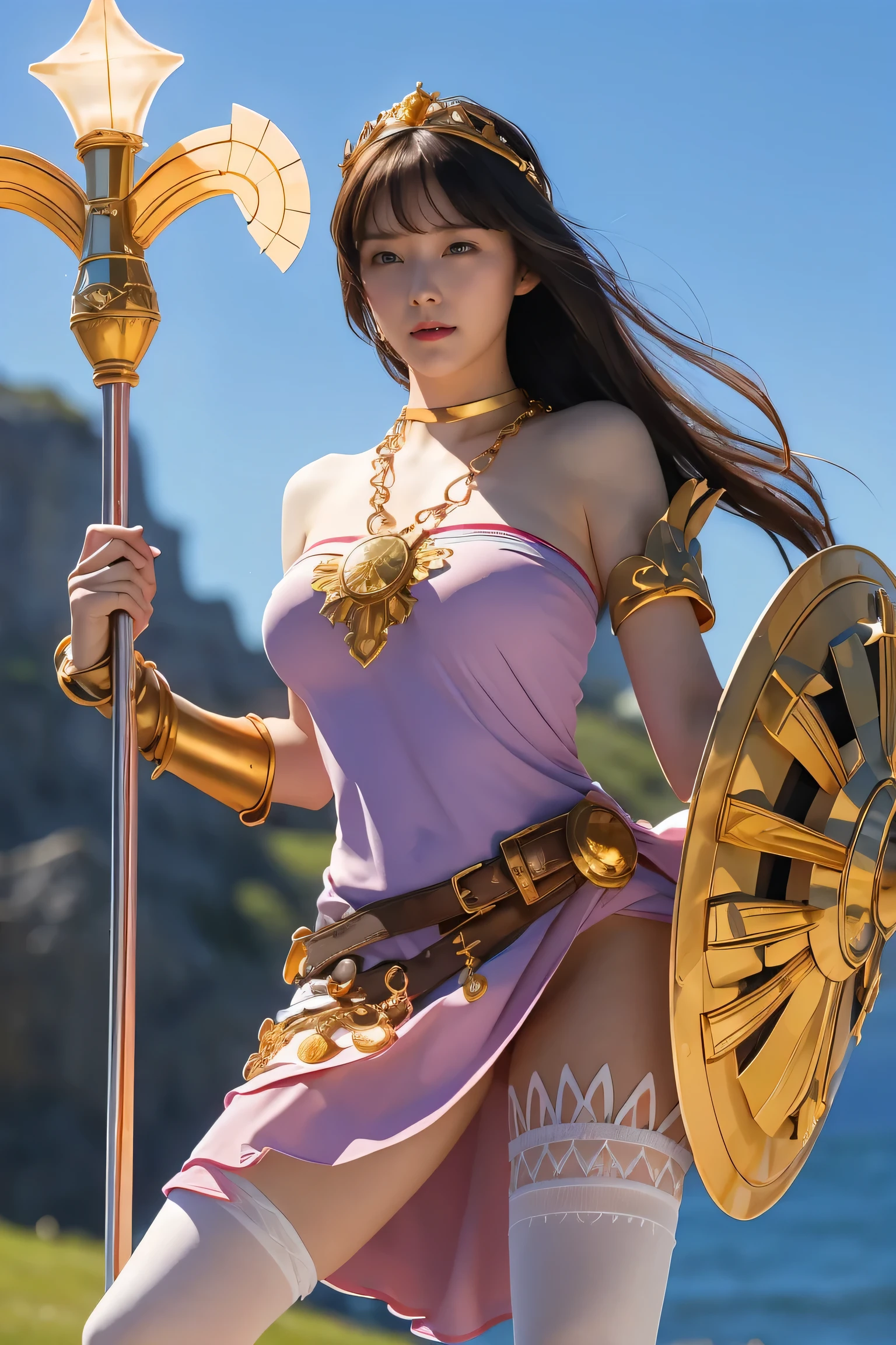 masterpiece, Highest quality, High resolution, hmpa1, pink, Parted bangs, Battle Tiara, Large Breasts, Golden Necklace, Exposing shoulders, Strapless Dress, Arm guard, belt, Blue Dress, White knee socks, Single knee socks, Outdoor, holding staff, staff, Hold a shield,Action pose