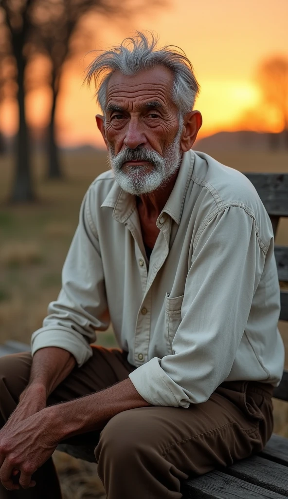 Incite Portrait of an elderly man with weather-worn features. Your skin is wrinkled with age spots, deep lines around the eyes and mouth. He has clear and expressive eyes that convey wisdom and life experiences.. He sports a well-groomed white beard and neatly combed gray hair.. Wear a white shirt and brown pants. Sitting on an old wooden bench watching the sunset.