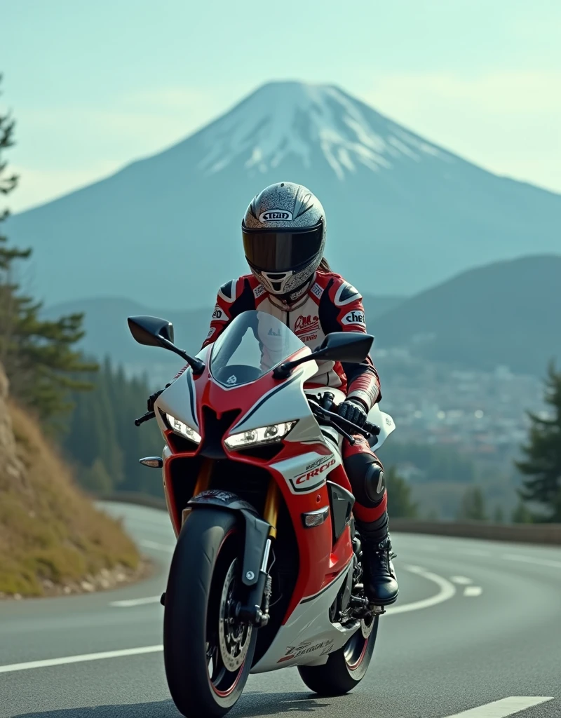 realistic, cinematic scene, very beautiful Japanese high school girl, riding a racing motorcycle, at scenic driveway, amazing view of mountain with metropolitan at the valley, dramatic scene, masterpiece, (face focus:1.3), light smoke helmet visor, beautiful eyes, Honda CBR600RR, stylish patterned Shoei helmet, (wearing leather suits for motorcycle race with many sponsor's logos), (shoot from behind:1.8), (beautiful and sexy hip line), full body