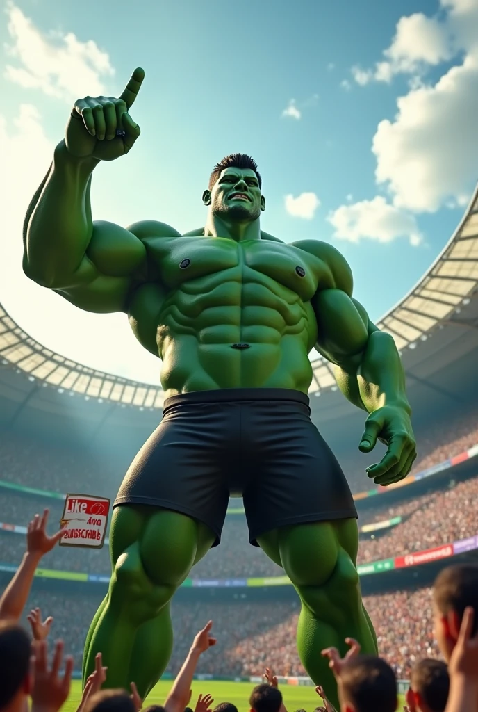 A hyper-realistic 3D rendering of a massive green humanoid figure standing in the middle of a sports stadium. The figure has a muscular build, wearing dark shorts, and is pointing upward with one hand. The stadium is packed with a cheering crowd, with various banners and advertisements visible in the background. The lighting is bright, highlighting the figure's powerful stance and intense expression, evoking a sense of strength and excitement." We should also have a like and subscribe poster in our hand