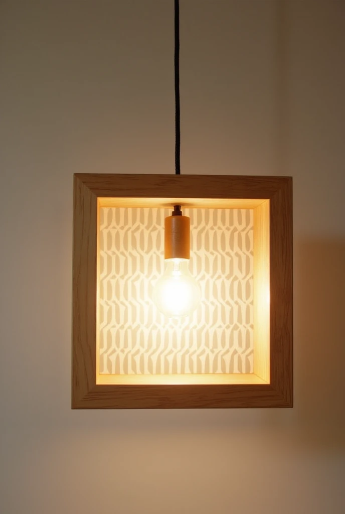 Photo of wooden hanging lamp square frame contains geometric pattern
