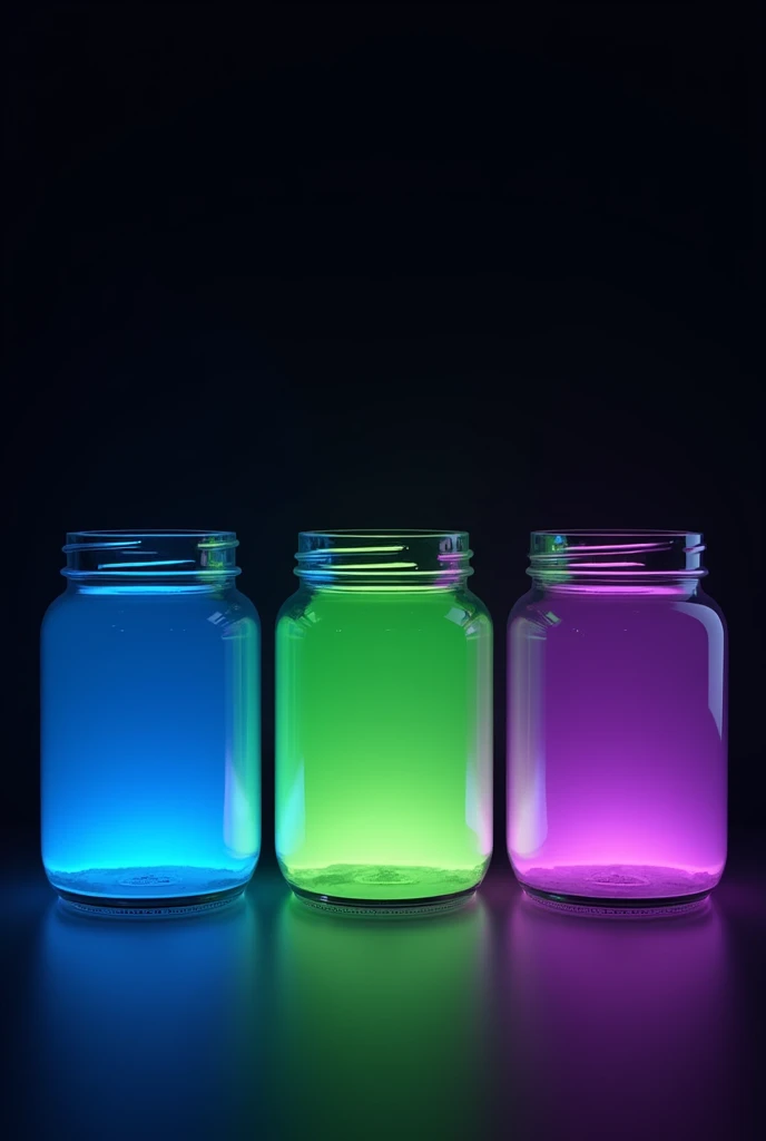 create three SEPARATE jars WITH A BLACK BACKGROUND. inside them should be the colors blue, green and purple  