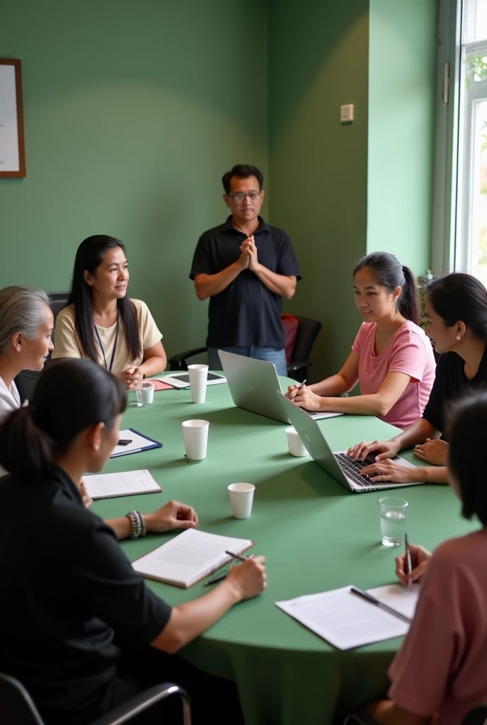 7 Filipino old women and 1 man educators in a round, green with 5 white disposable cups and two glass table attending a conference where 3 women wearing black coat, the two of them wearing  pink dress, the man is wearing black t-shirt holding phone, one of the women working on her laptop