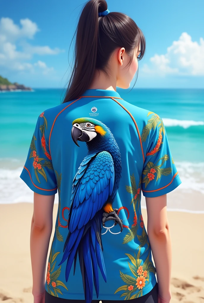 Create a half-sleeved school olympics blouse front and back (coasts) containing a blue macaw ,the olympic rings , school name (objective) and small silver details 