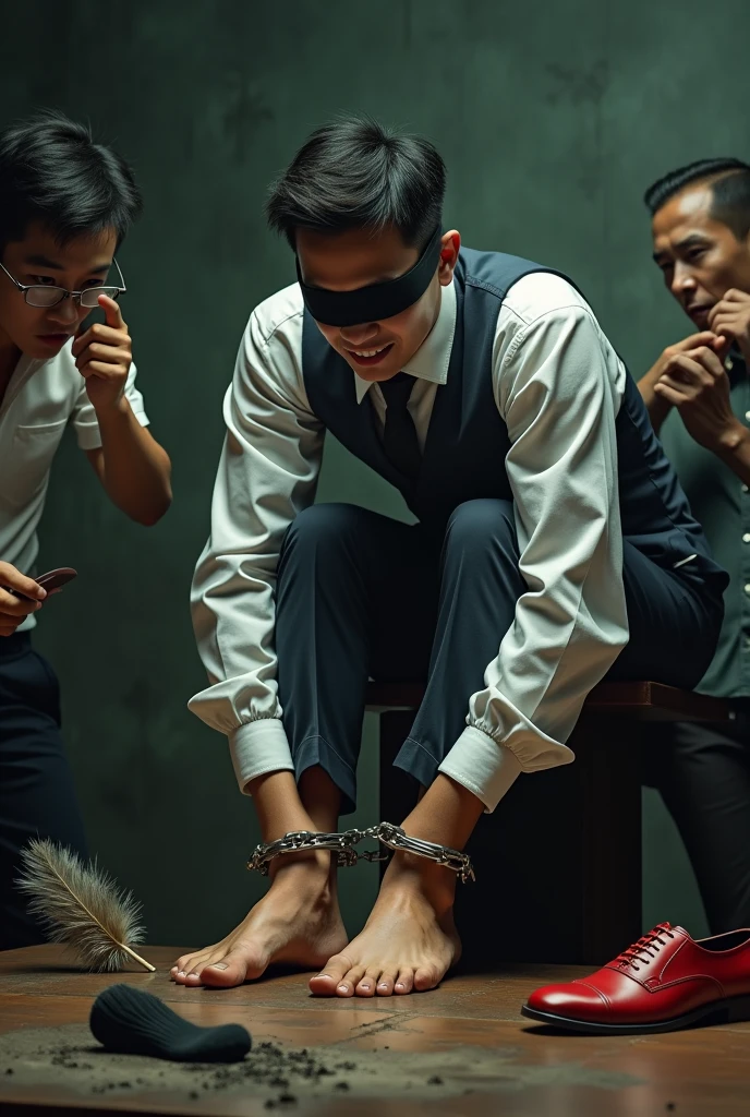 Malaysia handsome malay Zarul 22 years lawyer
He smirk
5 Toes Smelly feet
His hand handcuff in abondon warehouse
Blindfolded
handcuff
Formal Outfit
Focus sweaty hot feet on desk
feather duster on desk
Dirty black long sock on desk
1 man Aiman (26) pinch nose
1 man Amir (24) holding red shoes