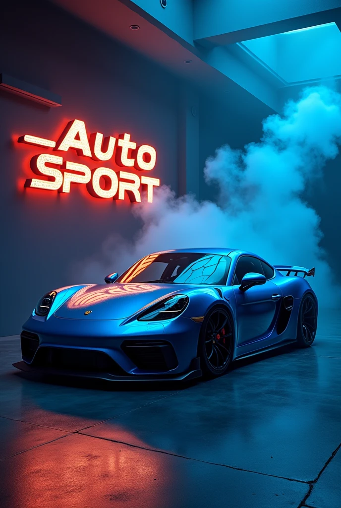 A luxury car, a blue and black Porsche.
That the title is Auto Sport JR That the title is made of fire and decorated like something mechanical that has blue and black smoke coming out in the background.
that all this is in a room with lights from below