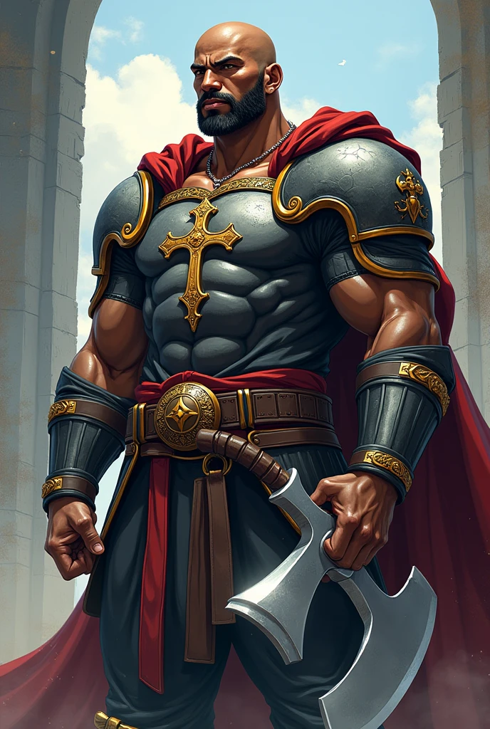 Japanese anime style: Muscular Black Man, with a confident look and a serene expression, being bald, wears medieval clothing with some parts protected by armor, has a cross emblem on his chest and carries a large silver axe