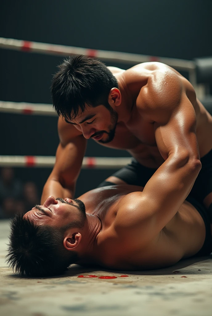 A young Japanese professional wrestler A and a senior Japanese professional wrestler B are in the ring.。They are on the same team。
A is buzzcut and muscular、Wearing short tights。Sweaty。Painful expression。
B is short-haired, muscular, and dark-skinned、Wearing short tights。
A is lying on their back and down。B straddles A。
Fujifilm, look up, 