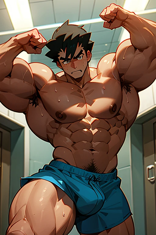 Ash Ketchum from Pokémon anime as a big dumb age muscular bodybuilder jock in a locker room flexing and staring blankly with mouth gaping open as his eyes glow under hypnosis as he repeats, "Bigger... Dumber.... Must obey.... More like a jock bro every day.... Yes, Coach. I obey. Huhuhuhuh.... Sweaty brutes must obey.... Sweaty brutes do what you say.... Big ... sweaty ... musky jock bro.... The muscles must grow. The old smarts must go.... Recruit the nerds and watch them grow. Make them like us, ... more big dumb jock bros. Huhuhuh.... We will grow. We will spread. We will make more dumb jocks.... We will grow... We will spread... We will make more dumb jocks.... We will grow. We will spread. We will make more dumb jocks.... Assimilate.... Grow.... Transform.... Become.... Convert.... Be a dumb jock.... All must be jocks. All must obey. Forget, ... conform, ... dumb down, ... and obey.... Just ... like ... me.... " in deep mindless emotionless voice with fellow hypnotized jocks to forget about catching and training Pokémon and focus instead on training his body and obeying his coach. Mouth dropped open. Hyper swollen bulging crotch. Hyper muscles. Toned muscles. 5% body fat. Steam rising from armpits and shoulders. Big biceps. Big triceps. Broad shoulders. Big traps. Big lats. Big meaty pecs. Massive deltoids. Six-pack abs. Spherical glutes. Brainwashing. Hypnosis. Hypnotized. Bro. IQ drain. Dumber and dumber. Meathead. Musclehead. Mindless. Hypno. Mind control. Brain drain. Entranced. Brute. Brutification. Brain drain. brainwashed. brainwash. Meathead jock bro assimilation. Mindless. Brainless. Empty stare. Hairy pecs. Hairy armpits. Treasure trail.