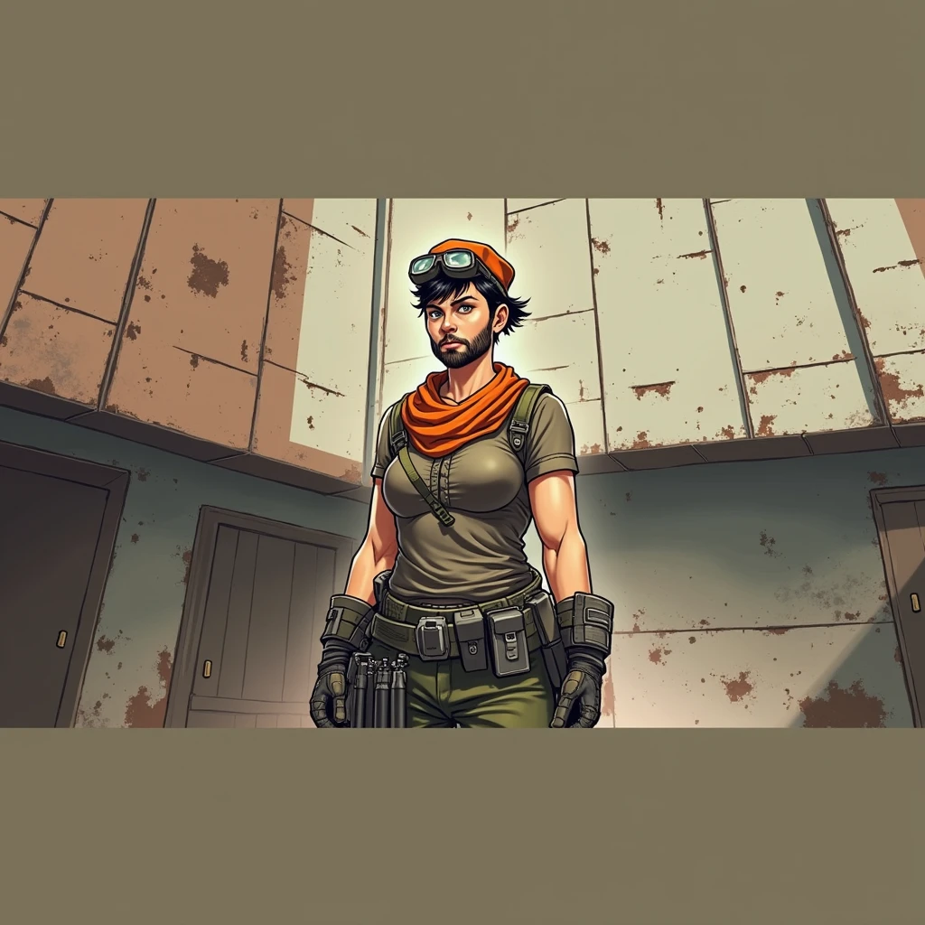 best quality,masterpiece,full-body shot,A man,A Nordic woman,mercenary,Perfect and well-developed muscles,Thick arms,Beard,short hair,temple,Foul Mouth,Large genitals,Very high nose,Orange Khaki Duckbill Hat,(Brown T-shirt),(Tactical bulletproof vest!),An orange cloth towel is wrapped around the neck,Wearing a tactical waistband around the waist,There are various tactical throwing objects hanging on it.,Military black tactical belt,Desert open toe gloves,Red camouflage tactical pants,Black leather knee pads,Black leather combat boots。(Note the color difference above!)