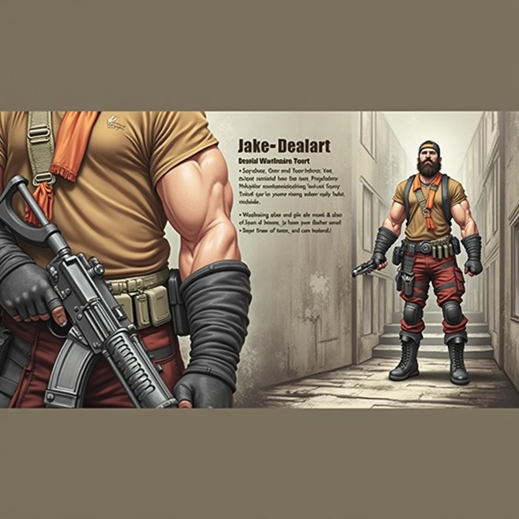 best quality，masterpiece，full-body shot，A man，A Nordic woman，mercenary，Perfect and well-developed muscles，Thick arms，Beard，short hair，temple，Foul Mouth，Large genitals，Very high nose，Orange Khaki Duckbill Hat，（Brown T-shirt），（Tactical bulletproof vest！），An orange cloth towel is wrapped around the neck，Wearing a tactical waistband around the waist，There are various tactical throwing objects hanging on it.，Military black tactical belt，Desert open toe gloves，Red camouflage tactical pants，Black leather knee pads，Black leather combat boots。（Note the color difference above！）