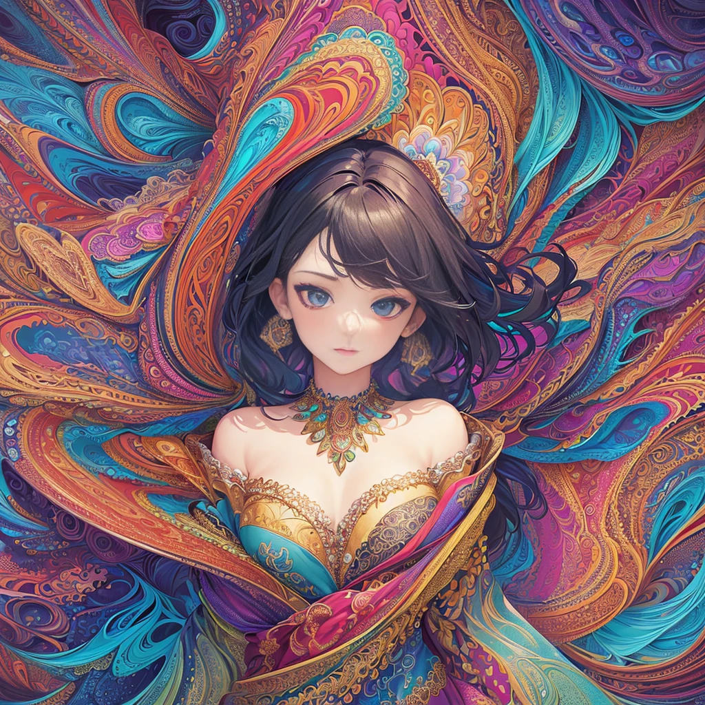 (masterpiece, top quality, best quality, official art, beautiful and aesthetic:1.2), (1girl:1.3), extremely detailed,(fractal art:1.2),colorful,highest detailed,(zentangle:1.2), (dynamic pose), (abstract background:1.5), (treditional dress:1.2), (shiny skin), (many colors:1.4), upper body