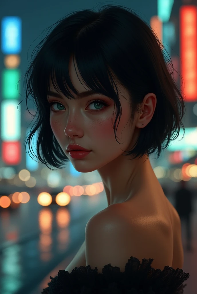 Portrait of a beautiful white woman, with freckles, green eyes,Short black hair and a city at night in the background
