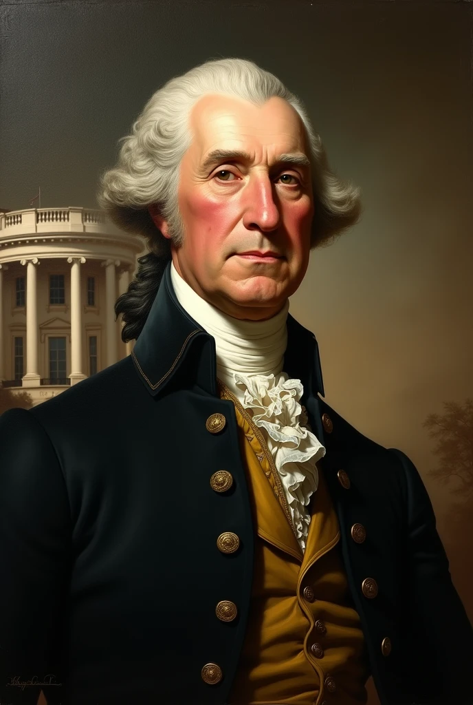 First President Portrait: A classic, dignified portrait of George Washington as the first President of the United States, with the White House in the background