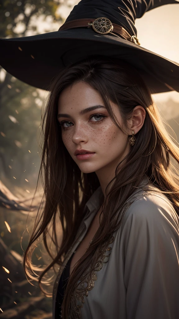 photorealistic, 35mm, intricate details, hdr, intricate details, hyperdetailed, natural skin texture, hyperrealism, sharp, 1 girl, adult (elven:0.7) woman, freckles, grey eyes, chestnut layered hair, portrait, looking down, solo, half shot, detailed background, witch hat, witch, magical atmosphere, hair flowing in the wind, red trimmed light colored clothes, whirlwind of swirling magic spell in the air, dark magic, (style-swirlmagic:0.8), floating particles,