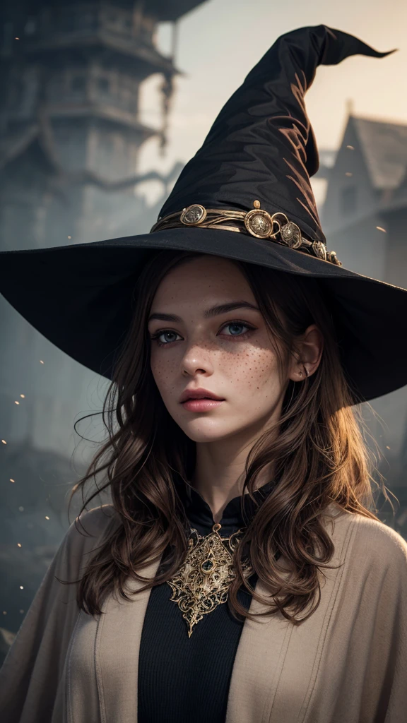 photorealistic, 35mm, intricate details, hdr, intricate details, hyperdetailed, natural skin texture, hyperrealism, sharp, 1 girl, adult (elven:0.7) woman, freckles, grey eyes, chestnut layered hair, portrait, looking down, solo, half shot, detailed background, witch hat, witch, magical atmosphere, hair flowing in the wind, red trimmed light colored clothes, whirlwind of swirling magic spell in the air, dark magic, (style-swirlmagic:0.8), floating particles,
