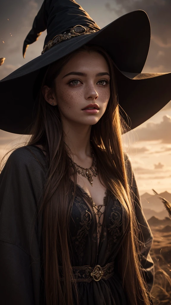 photorealistic, 35mm, intricate details, hdr, intricate details, hyperdetailed, natural skin texture, hyperrealism, sharp, 1 girl, adult (elven:0.7) woman, freckles, grey eyes, chestnut layered hair, portrait, looking down, solo, half shot, detailed background, witch hat, witch, magical atmosphere, hair flowing in the wind, red trimmed light colored clothes, whirlwind of swirling magic spell in the air, dark magic, (style-swirlmagic:0.8), floating particles,