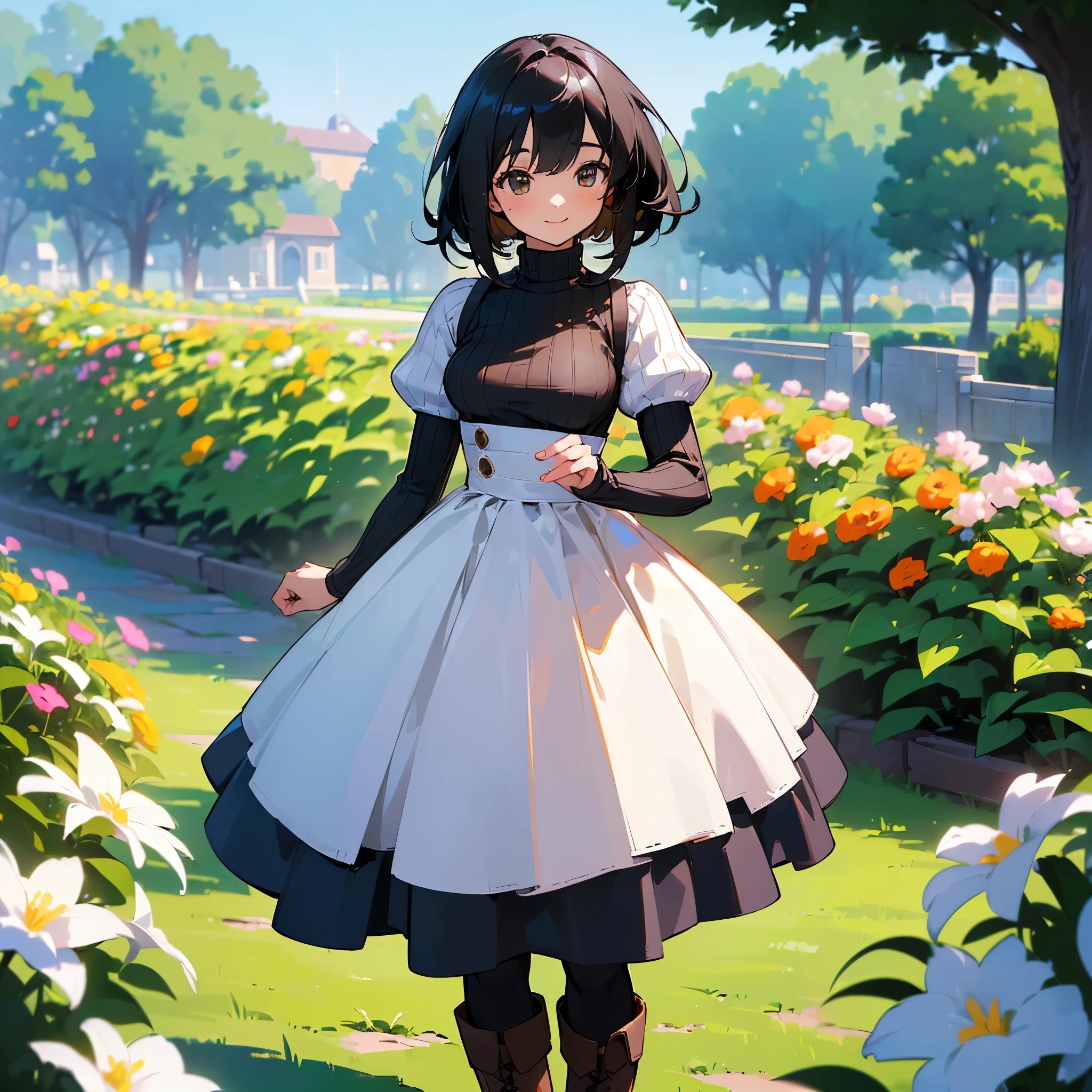 (high quality, High resolution, Very detailed, reality:1.37), Peaceful atmosphere, (Outdoor, garden), age girl standing alone, (my breasts are big.), Beautiful details, Cute Smile, (Black bob hair), Ribbed sweater, Blue Skirt, Black tights, Brown boots.