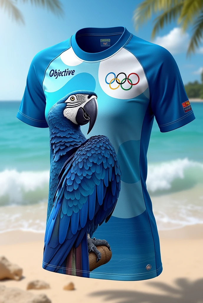 Create a half-sleeved school olympics blouse front and back (coasts) containing a blue macaw ,the olympic rings , school name (objective) and small silver details 
