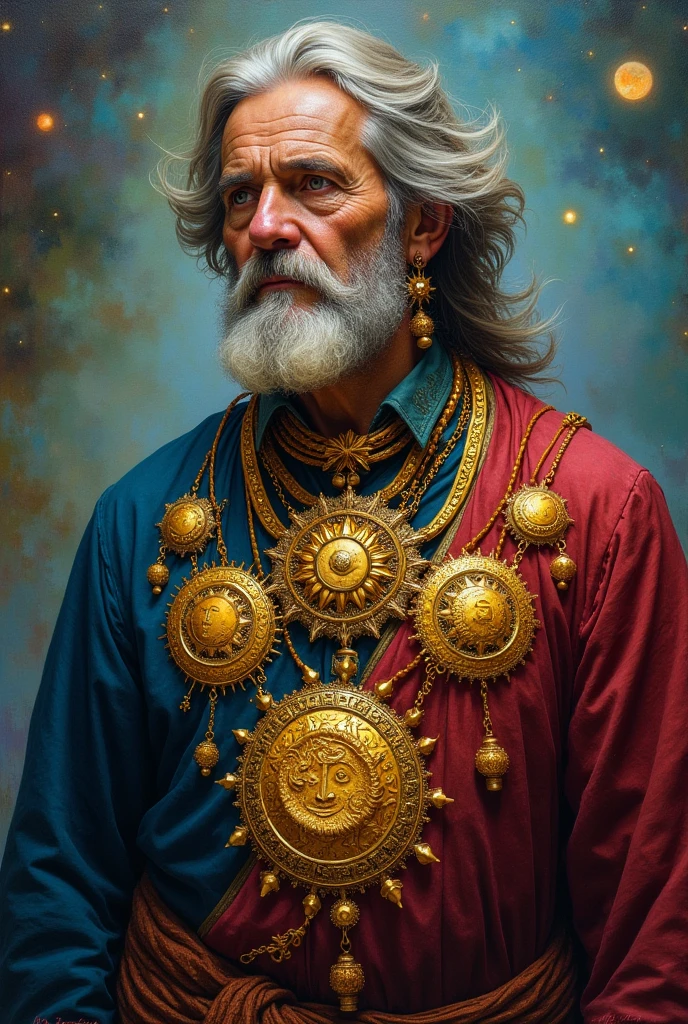 Gypsy man with medals of the sun and stars, with golden ornaments