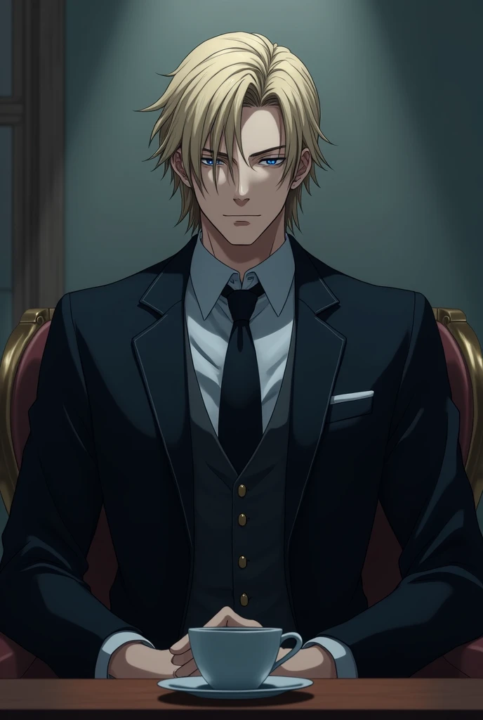 anime character, masculine, Height 1.87 cm, cold facial expression, Medium long hair, very dark blonde hair color, very dull crystal blue eye color, 3 piece suit, that can only be seen from the waist up, bottom, the one sitting behind a coffee 