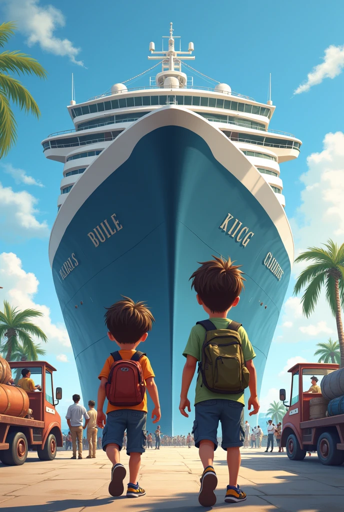 2 boys are getting ready to go on a cruise, they arrive at a large cruise ship and explore it inside.
