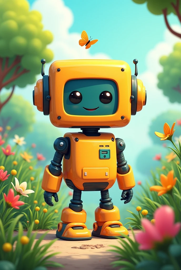 create a happy cartoon square robot in nature