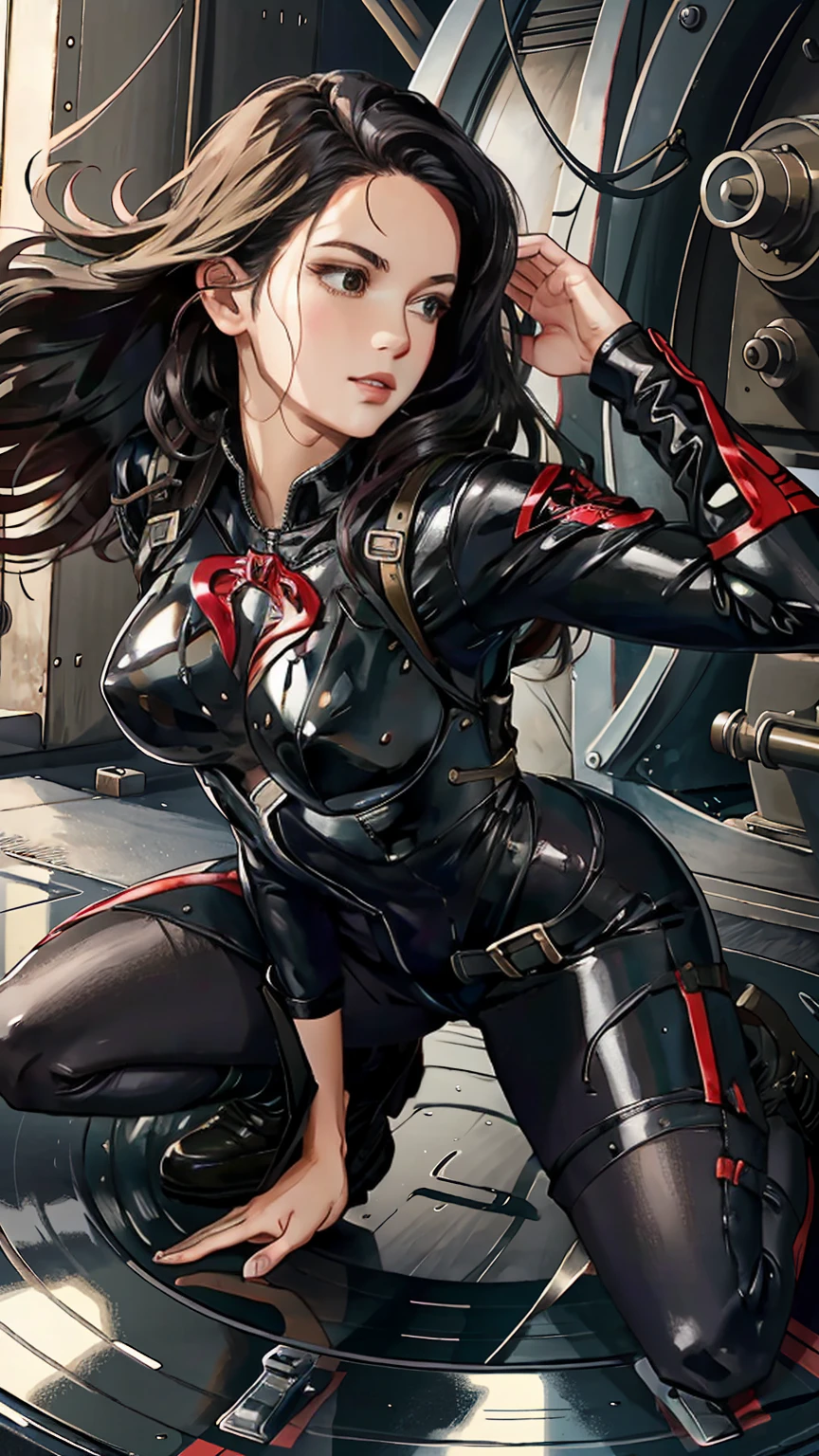 ((Artwork)), realistic, ((highly detailed:1.3)), baroness, perfect female body, wet vinyl body, pretty face, beautiful eyes, perfect hands, ((Military base setting)), Mid-air , dynamic pose, 
