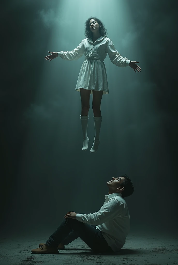 Scene of female nurse hanging herself in white thigh high socks ,hovering in the air , a man sitting on the ground in panic