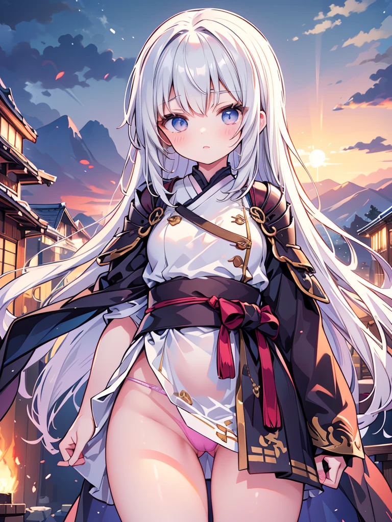 ((A plump and squishy lady:1.3)),((surprise!!:1.3)),(((Women's Lace Panties,((open crotch pantie)),transparent,Erotic lingerie,Big size,Open crotch underwear))),Highest quality、High resolution、Detailed Background、(Beautiful face in every detail:1.4)、In a war-torn battlefield during Japan's Sengoku period, a group of determined young girls, aged between to 1 stand ready for battle. They are dressed in traditional samurai armor scaled down to fit their small frames. Their expressions are fierce, showing a mix of youthful innocence and warrior determination. Some wield small katanas, while others hold spears or yumi bows. The background features a mist-covered landscape with mountains in the distance and remnants of a burning village. The sky is overcast, adding a somber tone to the scene. Despite their age, the girls display bravery, with their clothes slightly worn from battle, standing shoulder to shoulder as they face an unseen enemy.