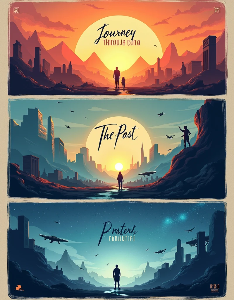 Design a concept poster titled "Journey Through Time" with three distinct panels:
**Top Panel:**
- Background: Vibrant sunrise with warm hues of orange, pink, and gold.
- Imagery: Silhouettes of ancient structures like pyramids, Stonehenge, and the Great Wall of China fading into the distance.
- Text: "The Past" in elegant, serif font, centered with a subtle glow around the text.
**Middle Panel:**
- Background: Bustling modern cityscape at midday with skyscrapers, busy streets, and people in motion.
- Imagery: Blend of technology and human interaction with elements like smartphones, laptops, and social media icons subtly integrated.
- Text: "The Present" in bold, sans-serif font, placed slightly off-center as if in motion.
**Bottom Panel:**
- Background: Serene, futuristic landscape at twilight with a gradient of deep blues and purples.
- Imagery: Sleek, advanced architecture with floating structures, flying vehicles, and a starry sky. A lone figure stands at the edge, looking towards the horizon.
- Text: "The Future" in minimalist, futuristic font, placed at the bottom right corner, glowing softly as if illuminated by the stars.
**Overall Layout:**
- Panels separated by thin, white lines for clean division between time periods.
- Subtle gradient border transitioning from warm tones at the top to cool tones at the bottom, symbolizing the passage of time.
- Centered title "Journey Through Time" at the top of the poster, above the panels, in a large, elegant font.