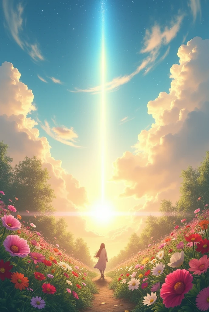 Paradise, Paradise, Lumiere, sheen, happiness, brilliant smile, sheen, flowers, flowers garden, areola, clouds  