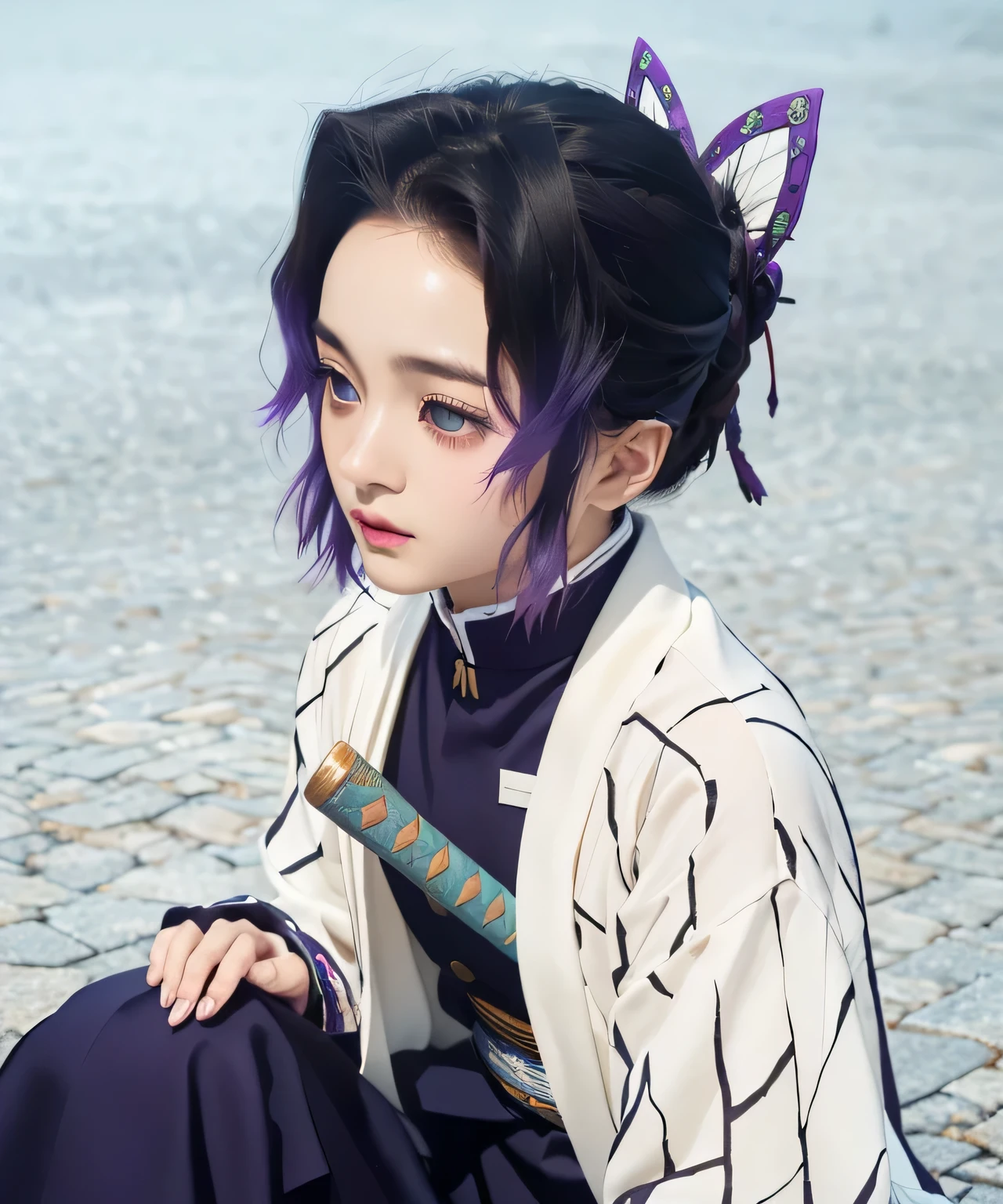 Masterpiece, Extremely Realistic, UHD, 8K, Extremely Detailed, depth of field, Detailed face, best photography, Demon Slayer, Kimetsu no Yaiba, Shinobu Kocho Demon Slayer, Shinobu Kocho Kimetsu no Yaiba, girl cosplay, High quality image, detailed hair texture, detailed skin texture, detailed cloth texture, add fabric details, ultra detailed skin texture, ultra detailed photo, skin pores, cloth details, high skin details, realistic hair details, realistic light, realistic shadow,(photorealistic:1.2),Real life adaption of this character, ((Korean  beautiful face)), Japanese sword, Japanese sword on waist, hair bridge, purple hair bridge, cloak, white cloak