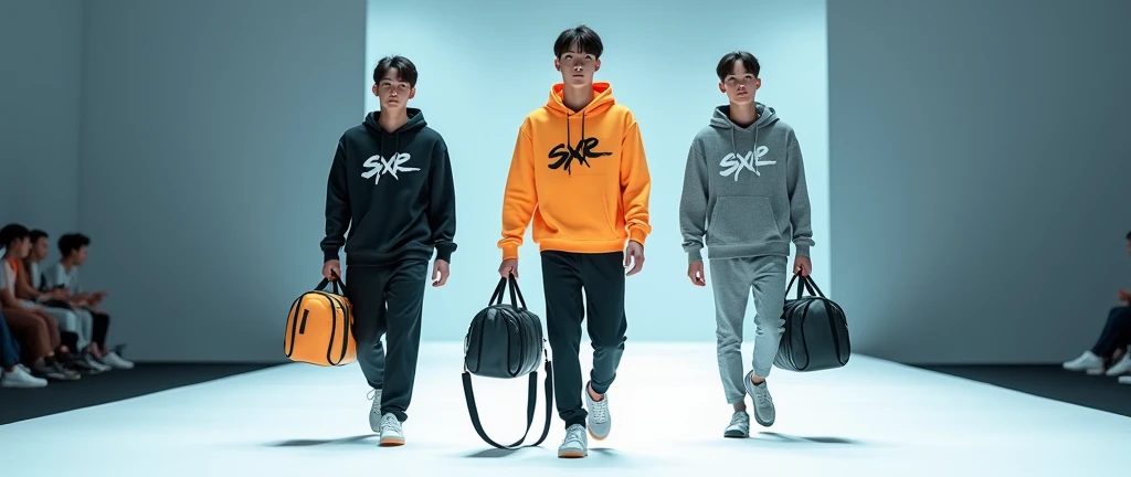 (photorealism:1.2), Three sportwear fashion handsome 18 yrs. old, k pop Asian male model, runway show full body holding sports bag pack, tank top casual wear style, SXR logo design, ultra-detailed, film photography, light leaks, trending on sportwear, sharp focus, studio photo, futuristic details, highly detailed