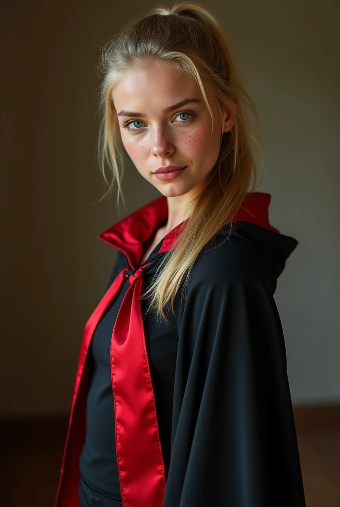Full body portrait, (RAW Photo) , beautiful blue-eyed girl in her 20s with long blonde hair in ponytail , (((ankle
length ((black and red lined satin cape:1.20))+++ tied at the neck))) , leotard , full body, slight skin
blemishes, sly smile, high-quality ultra realistic style, warm tones, soft lighting, detailed
eyes, subtle freckles, professional, expressive , 8K , highly detailed