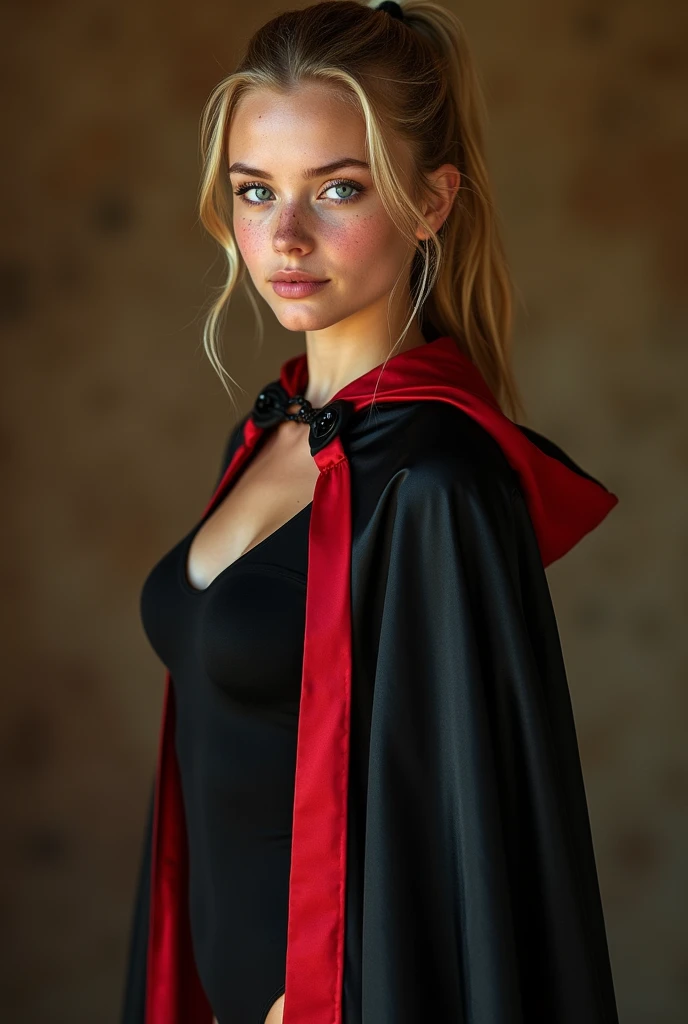 Full body portrait, (RAW Photo) , beautiful blue-eyed girl in her 20s with long blonde hair in ponytail , (((ankle
length ((black and red lined satin cape:1.20))+++ tied at the neck))) , leotard , full body, slight skin
blemishes, sly smile, high-quality ultra realistic style, warm tones, soft lighting, detailed
eyes, subtle freckles, professional, expressive , 8K , highly detailed