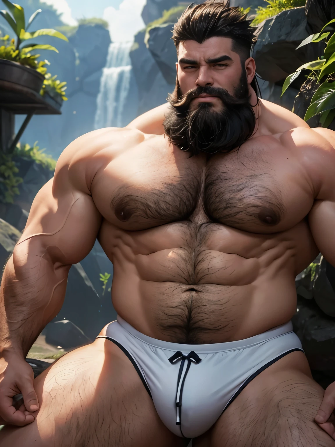 A burly, virile, and hairy dragon, exuding the irresistible charm of a himbo muscle daddy. His middle-aged features, adorned by a long, bushy beard and a thick mustache, reveal a life of experience and adventure. His body, sculpted into a warrior's build and a bodybuilder's physique,big belly,fat belly,is a testament to his unyielding dedication to physical fitness. The hair on his chest and belly forms a carpet of thick fur, while his hairy arms and legs are adorned with a natural, untamed layer of hirsute. Every muscle on his overmuscular and musclebound frame is defined and bulging, veins pulsing beneath the surface, hinting at his incredible strength. Despite his advanced age, his grey hair only adds to his handsome and dreamy appearance.